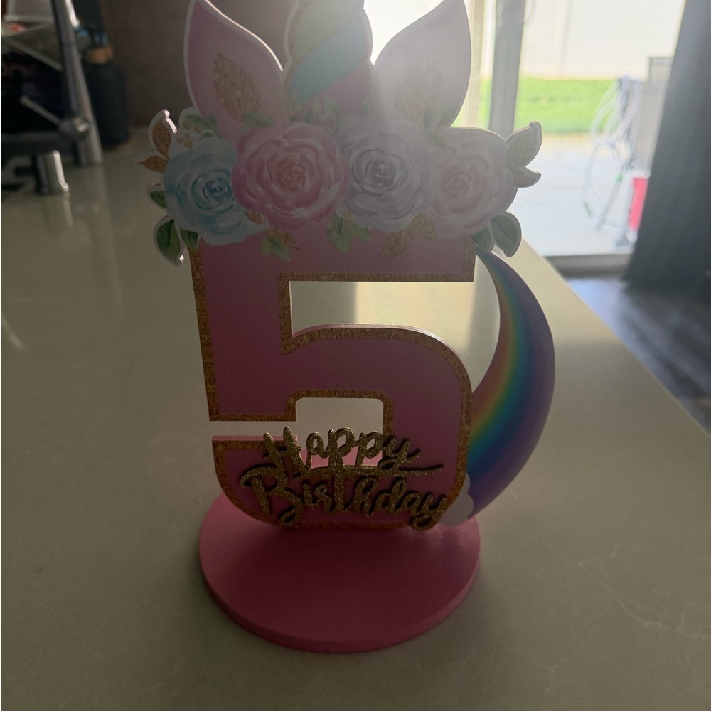 Unicorn Rainbow Number 5 Birthday Centerpiece - Pink
